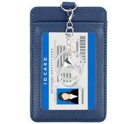 PATIKIL 4.7 x 3.2 x 0.2 Leather Badge Holder with Clear ID Window, Front Pocket Vertical Credit Card Holder & Swivel Metal Clasp Keyring for Employees, Staff, College, Navy Blue