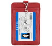 PATIKIL 4.7 x 3.2 x 0.2 Leather Badge Holder with Clear ID Window, Front Pocket Vertical Credit Card Holder & Swivel Metal Clasp Keyring for Employees, Staff, College, Red
