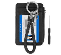 PATIKIL 4.7 x 3.2 x 0.2 Slim PU Leather Card Holder Wallet, 1 Set Small Front Pocket Credit Card Case Zipper Coin Wallets with ID Window & Braided Keychain for Women Men, Black