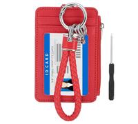 PATIKIL 4.7 x 3.2 x 0.2 Slim PU Leather Card Holder Wallet, 1 Set Small Front Pocket Credit Card Case Zipper Coin Wallets with ID Window & Braided Keychain for Women Men, Red