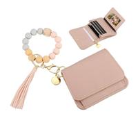 PATIKIL 4.7 x 3.5 x 1.4 Silicone Wooden Bead Bracelet Keychain Wristlet Wallets, 1 Set Small Front Pocket Credit Card Key Chain Zipper Coin Wallets with ID Window for Women, Pink