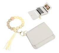 PATIKIL 4.7 x 3.5 x 1.4 Silicone Wooden Bead Bracelet Keychain Wristlet Wallets, 1 Set Small Front Pocket Credit Card Key Chain Zipper Coin Wallets with ID Window for Women, White