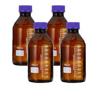 PATIKIL 4 Pack Reagent Media Storage Bottles, 1000ml Borosilicate Glass Graduated Round Bottles with GL45 Blue Screw Cap for Lab Water Reagent Liquids, Brown