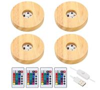 Patikil 4 Pcs Wooden Stand Base 3.9", 16 Color LED Lights Display Base 1.5Meter Line Length with Remote Control for Acrylic Night Light 3D Crystal Glass Resin Art, Round