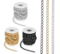 PATIKIL 49.2Ft Aluminium Curb Chains Twisted Links, 3 Rolls 10x7mm Curb Chain Spool Jewelry Making Chains Craft Chain for Necklace Bracelet Earring, Gold/Silver/Black