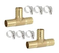 PATIKIL 5/8" Brass Tee Hose Barb Fitting,2 Pcs 3 Ways Union Intersection T Shape Barbed Split with Clamps for Air Water Fuel Gas Liquid, Golden