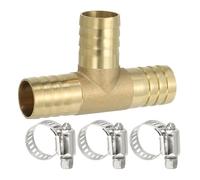 PATIKIL 5/8" Brass Tee Hose Barb Fitting, 3 Ways Union Intersection T Shape Barbed Split with Clamps for Air Water Fuel Gas Liquid, Golden