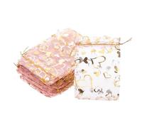 PATIKIL 50 Pcs 4x6 Inch Heart Printed Organza Bags, Pink Sheer Heart Organza Bags with Drawstring for Christmas Candy Jewelry Party Wedding Favor Gift