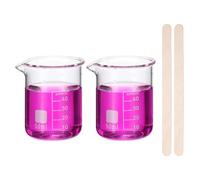 PATIKIL 50ml Glass Beaker, 2 Pack Measuring Glass Beaker Graduated Borosilicate Lab Cups Mug Low Form Heat Safe Transparent with 50pcs Wood Sticks for Laboratory Science Kitchen Liquids