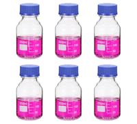 PATIKIL 6 Pack Reagent Media Storage Bottles, 250ml Borosilicate Glass Graduated Round Bottles with GL32 Blue Screw Cap for Lab Water Reagent Liquids, Clear