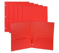 PATIKIL 6 Pcs Plastic Two Pocket Folders, 3 Hole Punch Durable Heavy Duty 2 Pocket File Folders, Letter Size Binder Index Divider with Business Card Slot for Office Home, Red