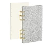 PATIKIL 6 Ring Binder Notebook Cover, A6 Glitter Acrylic Binder Notebook 2 Gold Metal Round Rings with 90 Sheets Dot Inner Papers for Travel Office Planner Budget, Silver Tone