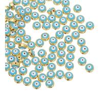 PATIKIL 8mm Evil Eye Beads, 100 Pcs Flat Round Turkish Evil Eye Charm with Golden Edge Spacer Beads Eyeball Bead for Bracelet DIY Necklace Earrings Making, Lake Blue