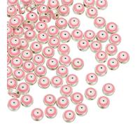 PATIKIL 8mm Evil Eye Beads, 100 Pcs Flat Round Turkish Evil Eye Charm with Silver Edge Spacer Beads Eyeball Bead for Bracelet DIY Necklace Earrings Making, Rose Red