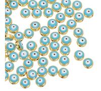 PATIKIL 8mm Evil Eye Beads, 60 Pcs Flat Round Turkish Evil Eye Charm with Golden Edge Spacer Beads Eyeball Bead for Bracelet DIY Necklace Earrings Making, Lake Blue