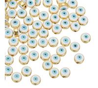 PATIKIL 8mm Evil Eye Beads, 60 Pcs Flat Round Turkish Evil Eye Charm with Golden Edge Spacer Beads Eyeball Bead for Bracelet DIY Necklace Earrings Making, White