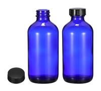 PATIKIL 8oz(240ml) Glass Sample Bottles, 2Pcs Round Bottle Dispensing Bottles with Black Poly Cone Cap for Reagent Liquids, Essential Oils, Perfume, Blue
