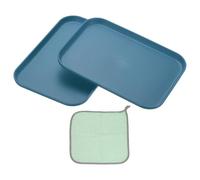 PATIKIL 9.5x6.9 Plastic Tray, 2 Pack Rectangular Plates Small Food Tray Wheat Plates Dishes Reusable Dessert Plate Trays with Cloth for Cake Fruits Salad Cupcake Steak Serving Dark Blue