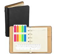 PATIKIL A6 Lined Pages 6 Ring Binder, Leather Notebook with Transparent Bookmark Ruler and Colorful Index Sticky Tabs for Office Study Work, Black