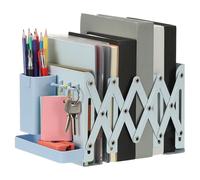 PATIKIL Adjustable Book Ends, 6.5" Tall Heavy Duty Metal Adjustable Bookends Book Holders Organizer with Removable Pen Holder Tray and 3 Hook-up for Heavy Books Desk Office Home, Blue