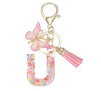 PATIKIL Alphabet Initial Letter Keychain, Resin Cute Keychains with Tassel Butterfly Letter U Pendant Charm for Women Key Purse Handbag Bag Accessories, Pink