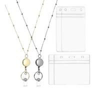 PATIKIL Badge Necklace Lanyard with ID Holder,2 Pcs 304 Stainless Steel Retractable Round Badge Reel Lanyard Clip Chain with 2 Set ID Holder for Woman Office ID Card Key,Black/Gold Tone