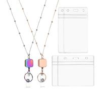 PATIKIL Badge Necklace Lanyard with ID Holder,2Pcs 301 Stainless Steel Retractable Square Badge Reel Lanyard Clip Chain with 2 Set ID Holder for Office Card Key,Rainbow Color/Rose Gold