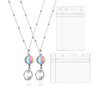 PATIKIL Badge Necklace Lanyard with ID Holder,2Pcs 304 Stainless Steel Retractable Round Badge Reel Lanyard Clip Chain with 2 Set ID Holder for Woman Office ID Card Key,Rainbow Color