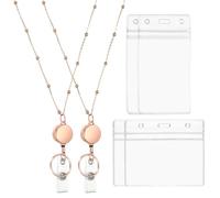 PATIKIL Badge Necklace Lanyard with ID Holder,2Pcs 304 Stainless Steel Retractable Round Badge Reel Lanyard Clip Chain with 2 Set ID Holder for Woman Office ID Card Key,Rose Gold
