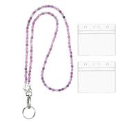 PATIKIL Beaded Lanyards for ID Badges, Cute Gemstone Beaded Keychain Necklace Lanyard with 2 Horizontal Badge Holders for Women Teacher Gift Keys Chain Cards, Purple