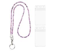 PATIKIL Beaded Lanyards for ID Badges, Cute Gemstone Beaded Keychain Necklace Lanyard with 2 Vertical Badge Holders for Women Teacher Gift Keys Chain Cards, Purple