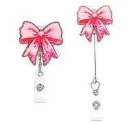 PATIKIL Bow Badge Reel, 2 Pcs Acrylic Bow Badge Holder 1.85"x1.85" ID Name Holder Reels Accessories with Retractable Cord & Alligator Clip for Office Worker Teacher, Glitter Pink