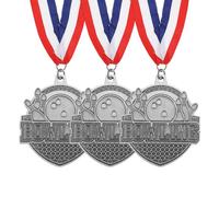PATIKIL Bowling Games Silver Award Medals with Red & White & Blue Ribbons, 3 Pcs Winner Medals Gold Silver Bronze Prizes for Competitions Sports Party, Silver