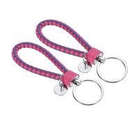 PATIKIL Braided Leather Keychain with Stainless Steel Key Ring Sleeve, 2 Pack PU Woven Wristlet Lanyard Strap Fob Keyring Holder for Car Bag Wallet Pendant, Purple Rose Red