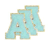 PATIKIL Chenille Sew on Letter Patches 3.3 Inch, 3 Pack Self Adhesive Chenille on Patches Golden Edge Embroidered Stickers for Clothing DIY Backpacks Hats Decoration, Blue Letter-A