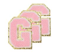 PATIKIL Chenille Sew on Letter Patches 3.3 Inch, 3 Pack Self Adhesive Chenille on Patches Golden Edge Embroidered Stickers for Clothing DIY Backpacks Hats Decoration, Pink Letter-G