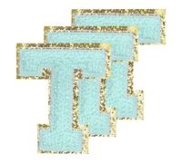 PATIKIL Chenille Sew on Letter Patches 3.3 Inch, 3 Pack Self Adhesive Chenille on Patches Golden Edge Embroidered Stickers for Clothing DIY Backpacks Hats Decoration, Blue Letter-T