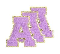 PATIKIL Chenille Sew on Letter Patches 3.3 Inch, 3 Pack Self Adhesive Chenille on Patches Golden Edge Embroidered Stickers for Clothing DIY Backpacks Hats Decoration, Purple Letter-A
