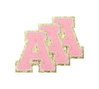 PATIKIL Chenille Sew on Letter Patches 3.3 Inch, 3 Pack Self Adhesive Chenille on Patches Golden Edge Embroidered Stickers for Clothing DIY Backpacks Hats Decoration, Pink Letter-A
