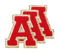 PATIKIL Chenille Sew on Letter Patches 3.3 Inch, 3 Pack Self Adhesive Chenille on Patches Golden Edge Embroidered Stickers for Clothing DIY Backpacks Hats Decoration, Red Letter-A