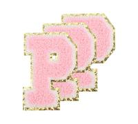 PATIKIL Chenille Sew on Letter Patches 3.3 Inch, 3 Pack Self Adhesive Chenille on Patches Golden Edge Embroidered Stickers for Clothing DIY Backpacks Hats Decoration, Pink Letter-P