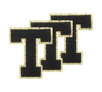 PATIKIL Chenille Sew on Letter Patches 3.3 Inch, 3 Pack Self Adhesive Chenille on Patches Golden Edge Embroidered Stickers for Clothing DIY Backpacks Hats Decoration, Black Letter-T