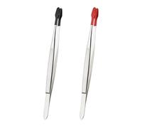 PATIKIL Craft Tweezers with Rubber Tips, 2 Pcs PVC Coated Tweezers Set Long Stainless Steel Bent Straight Flat Tip for Stamp Sticker Crafts Beads Jewelry Tools, Black/Red 5.9"