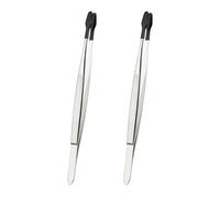 PATIKIL Craft Tweezers with Rubber Tips, 2 Pcs PVC Coated Tweezers Set Long Stainless Steel Bent Straight Flat Tip for Stamp Sticker Crafts Beads Jewelry Tools, Black 5.9"