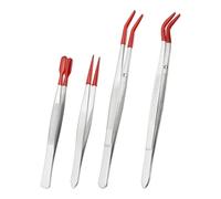PATIKIL Craft Tweezers with Rubber Tips, 4 Pcs PVC Coated Tweezers Set Long Stainless Steel Bent Straight Flat Tip for Stamp Sticker Crafts Beads Jewelry Tools, Red 4.3" 5.9"