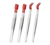 PATIKIL Craft Tweezers with Rubber Tips, 4 Pcs PVC Coated Tweezers Set Long Stainless Steel Bent Straight Flat Tip for Stamp Sticker Crafts Beads Jewelry Tools, Red 5.9" 6.1"