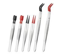 PATIKIL Craft Tweezers with Rubber Tips, 6 Pcs PVC Coated Tweezers Set Long Stainless Steel Bent Straight Flat Tip for Stamp Crafts Beads Jewelry Tools, Black/Red 4.3" 4.5" 6.1"