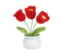 PATIKIL Crochet Flowers, Handmade Knitting 3Head Lily of the Valley Artificial Woven Small Potted with Stems for Valentine's Gifts Home Wedding Party Office Tables Decoration, Red