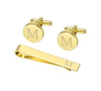 PATIKIL Cuff Links Mens, Initial Tie Clip and Cufflink Set for Men Classic Copper Personalized Cuff Links and Tie Bar for Father Husband Son, Letter M(Gold Tone)
