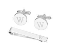 PATIKIL Cuff Links Mens, Initial Tie Clip and Cufflink Set for Men Classic Copper Personalized Cuff Links and Tie Bar for Father Husband Son, Letter W(Silver Tone)